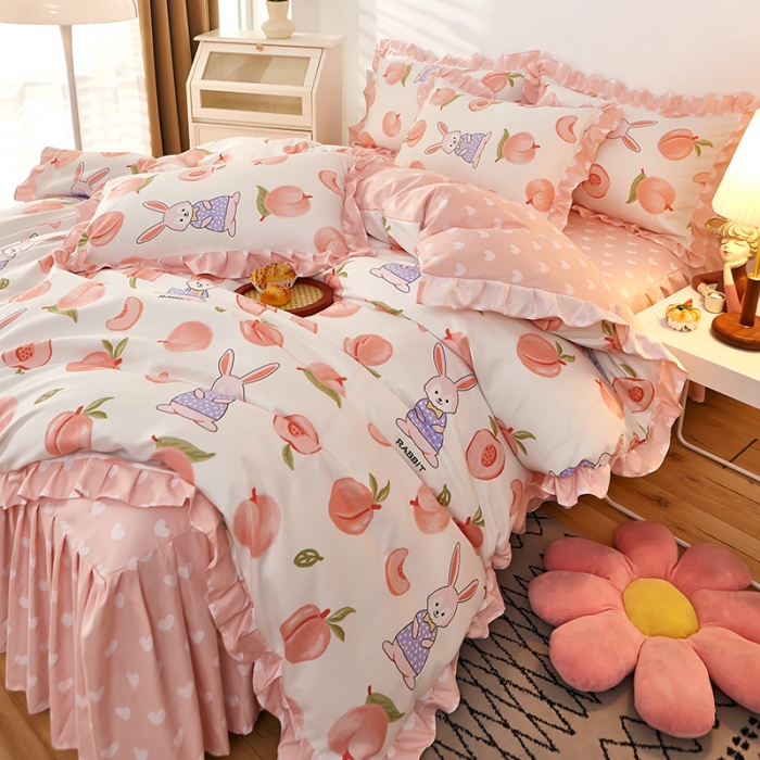 91家纺网 家纺一手货源 找家纺 艾橙家纺 2023新款小清新韩版磨毛花边四件套 蜜桃兔