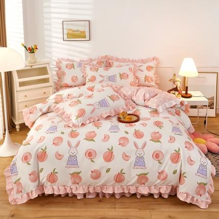 艾橙家纺 2023新款小清新韩版磨毛花边四件套 蜜桃兔