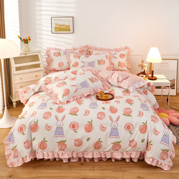 91家纺网 家纺一手货源 找家纺 艾橙家纺 2023新款小清新韩版磨毛花边四件套 蜜桃兔