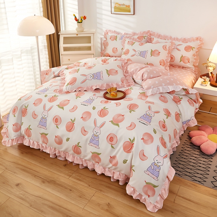 91家纺网 家纺一手货源 找家纺 艾橙家纺 2023新款小清新韩版磨毛花边四件套 蜜桃兔