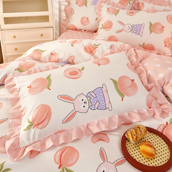 91家纺网 家纺一手货源 找家纺 艾橙家纺 2023新款小清新韩版磨毛花边四件套 蜜桃兔