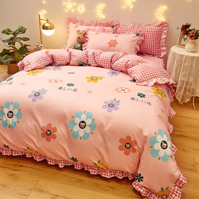 91家纺网 家纺一手货源 找家纺 艾橙家纺 2023新款小清新韩版磨毛花边四件套 妙恋