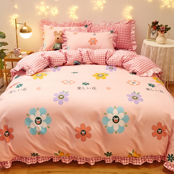 91家纺网 家纺一手货源 找家纺 艾橙家纺 2023新款小清新韩版磨毛花边四件套 妙恋