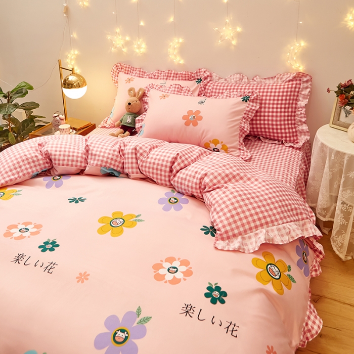 91家纺网 家纺一手货源 找家纺 艾橙家纺 2023新款小清新韩版磨毛花边四件套 妙恋