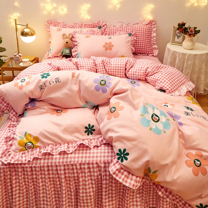 91家纺网 家纺一手货源 找家纺 艾橙家纺 2023新款小清新韩版磨毛花边四件套 妙恋