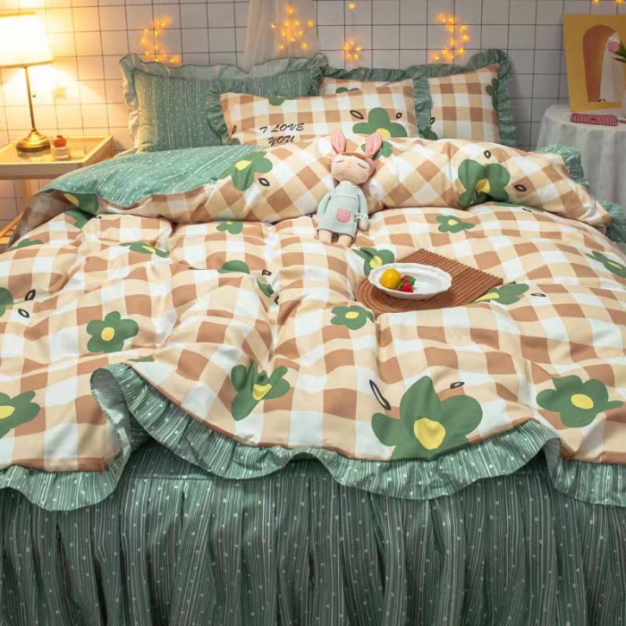 91家纺网 家纺一手货源 找家纺 艾橙家纺 2023新款小清新韩版磨毛花边四件套 明月花