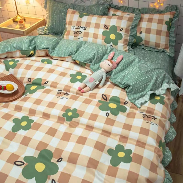 91家纺网 家纺一手货源 找家纺 艾橙家纺 2023新款小清新韩版磨毛花边四件套 明月花