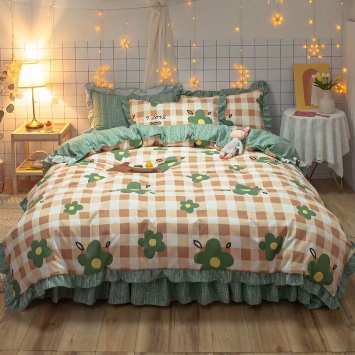 91家纺网 家纺一手货源 找家纺 艾橙家纺 2023新款小清新韩版磨毛花边四件套 明月花