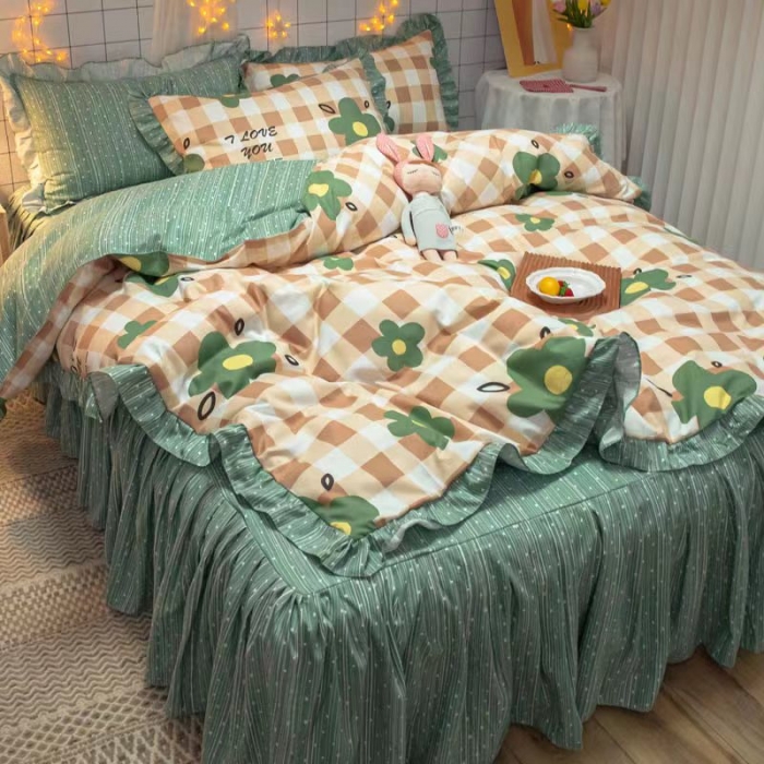 91家纺网 家纺一手货源 找家纺 艾橙家纺 2023新款小清新韩版磨毛花边四件套 明月花