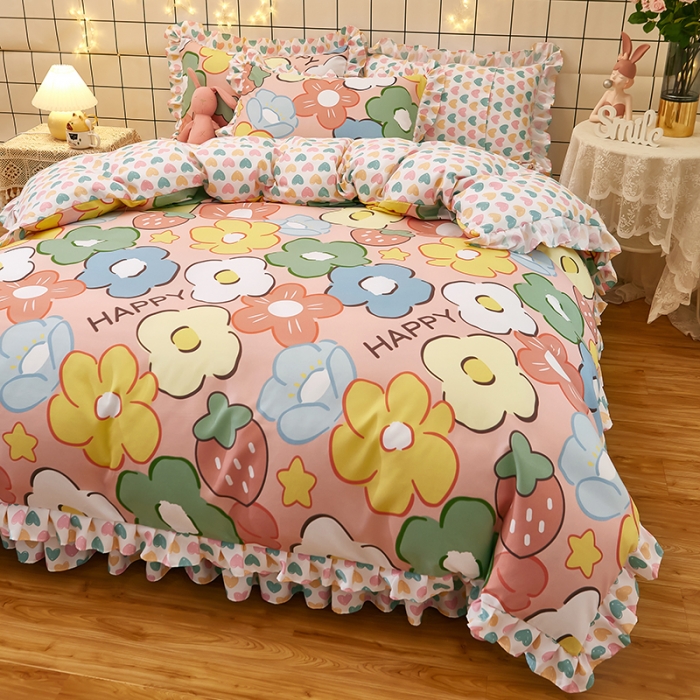 91家纺网 家纺一手货源 找家纺 艾橙家纺 2023新款小清新韩版磨毛花边四件套 明月花影 玉