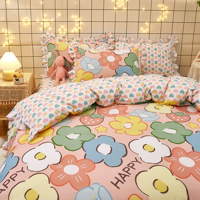 91家纺网 家纺一手货源 找家纺 艾橙家纺 2023新款小清新韩版磨毛花边四件套 明月花影 玉