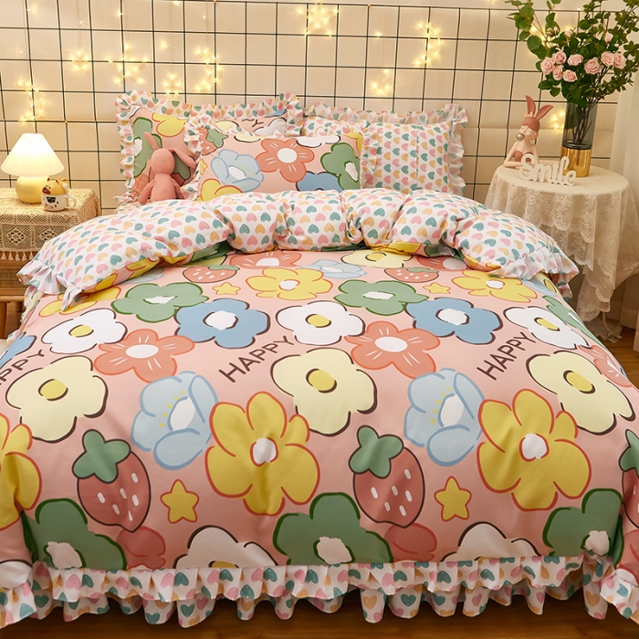 91家纺网 家纺一手货源 找家纺 艾橙家纺 2023新款小清新韩版磨毛花边四件套 明月花影 玉