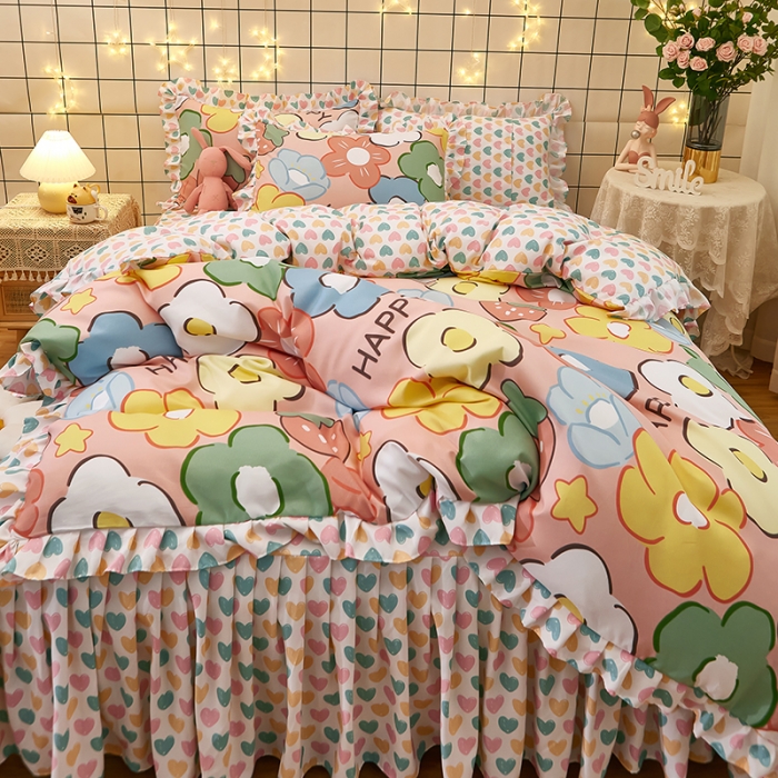 91家纺网 家纺一手货源 找家纺 艾橙家纺 2023新款小清新韩版磨毛花边四件套 明月花影 玉