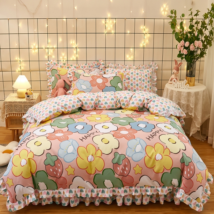 91家纺网 家纺一手货源 找家纺 艾橙家纺 2023新款小清新韩版磨毛花边四件套 明月花影 玉