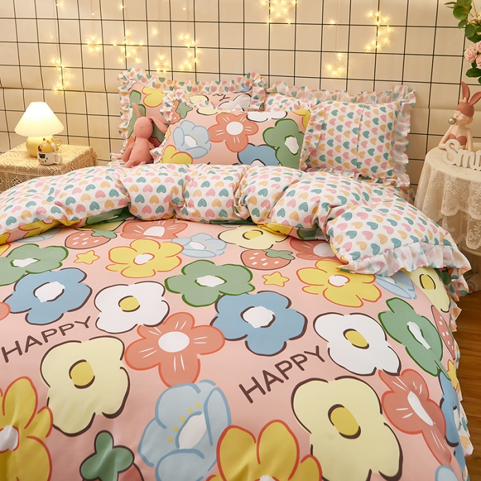 91家纺网 家纺一手货源 找家纺 艾橙家纺 2023新款小清新韩版磨毛花边四件套 明月花影 玉