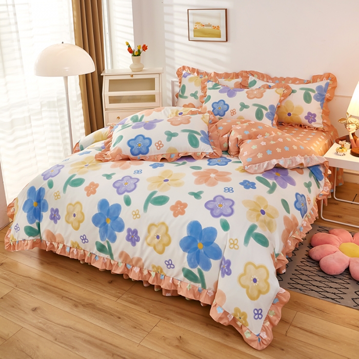 91家纺网 家纺一手货源 找家纺 艾橙家纺 2023新款小清新韩版磨毛花边四件套 七彩心情