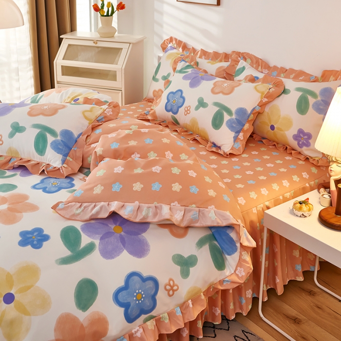 91家纺网 家纺一手货源 找家纺 艾橙家纺 2023新款小清新韩版磨毛花边四件套 七彩心情