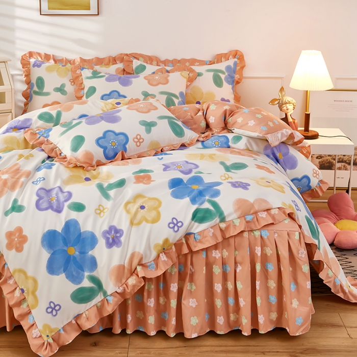 91家纺网 家纺一手货源 找家纺 艾橙家纺 2023新款小清新韩版磨毛花边四件套 七彩心情