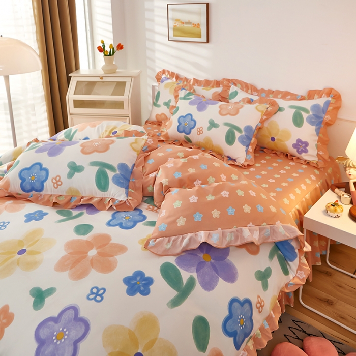 91家纺网 家纺一手货源 找家纺 艾橙家纺 2023新款小清新韩版磨毛花边四件套 七彩心情