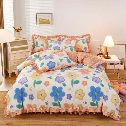 艾橙家纺 2023新款小清新韩版磨毛花边四件套 七彩心情