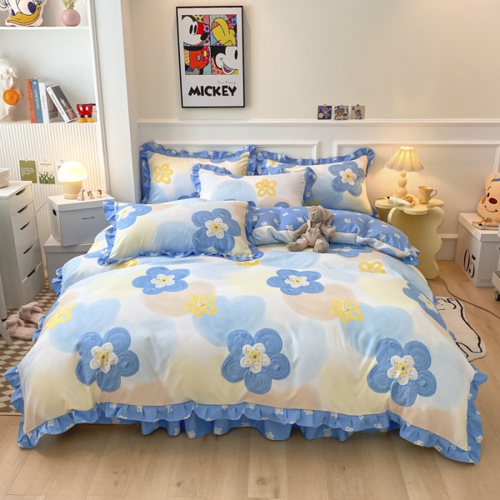 91家纺网 家纺一手货源 找家纺 艾橙家纺 2023新款小清新韩版磨毛花边四件套 奇异花园