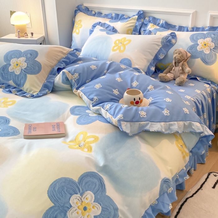 91家纺网 家纺一手货源 找家纺 艾橙家纺 2023新款小清新韩版磨毛花边四件套 奇异花园