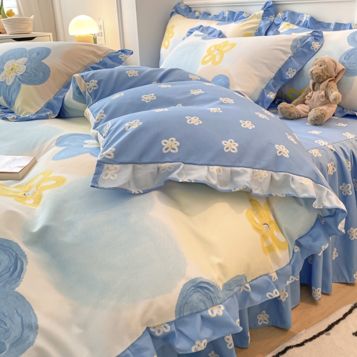 91家纺网 家纺一手货源 找家纺 艾橙家纺 2023新款小清新韩版磨毛花边四件套 奇异花园