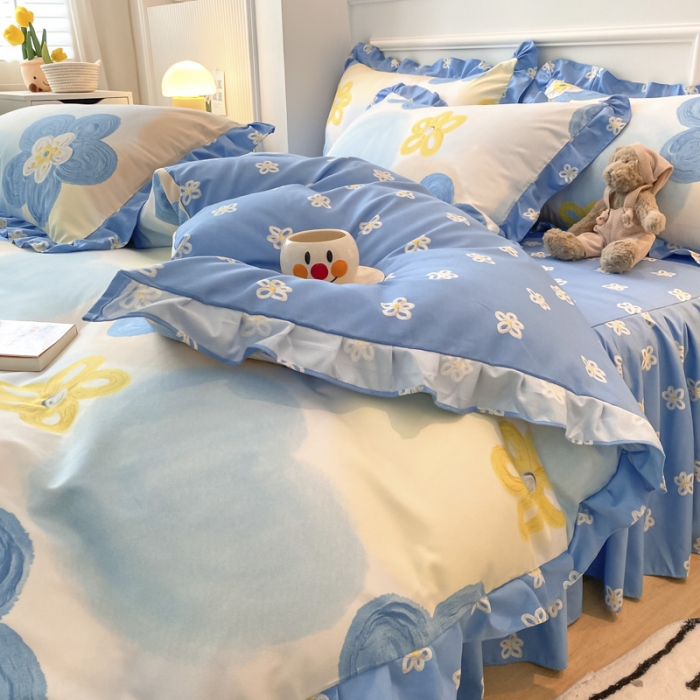 91家纺网 家纺一手货源 找家纺 艾橙家纺 2023新款小清新韩版磨毛花边四件套 奇异花园