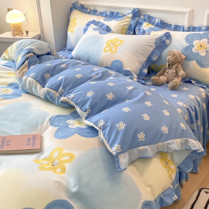 91家纺网 家纺一手货源 找家纺 艾橙家纺 2023新款小清新韩版磨毛花边四件套 奇异花园