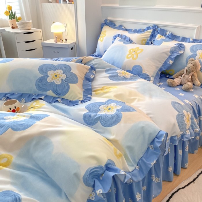 91家纺网 家纺一手货源 找家纺 艾橙家纺 2023新款小清新韩版磨毛花边四件套 奇异花园