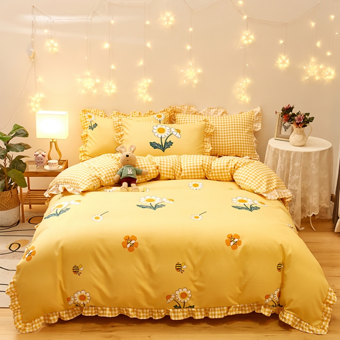 91家纺网 家纺一手货源 找家纺 艾橙家纺 2023新款小清新韩版磨毛花边四件套 沁香花语