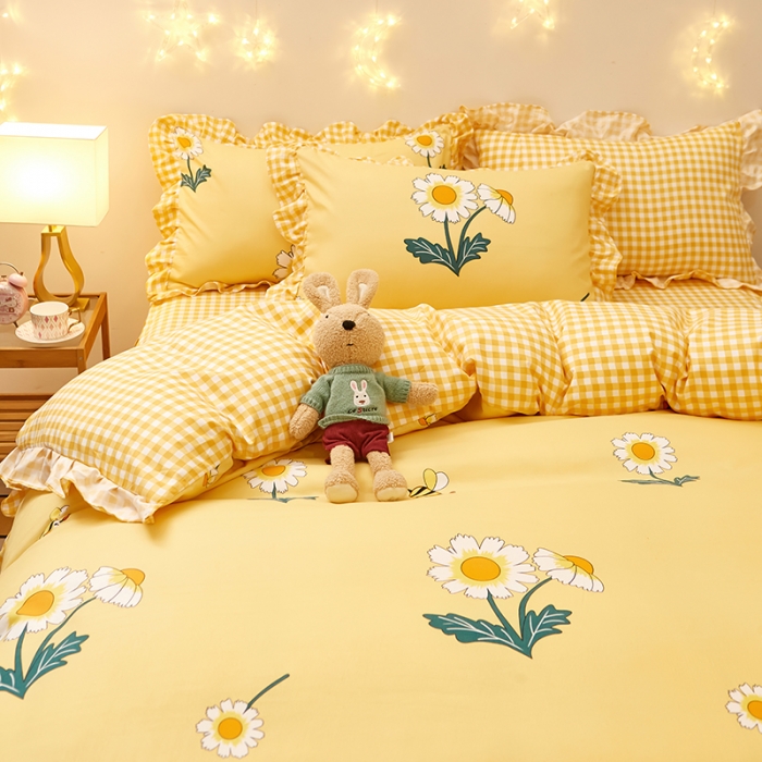 91家纺网 家纺一手货源 找家纺 艾橙家纺 2023新款小清新韩版磨毛花边四件套 沁香花语