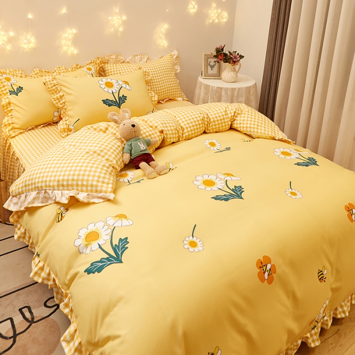 91家纺网 家纺一手货源 找家纺 艾橙家纺 2023新款小清新韩版磨毛花边四件套 沁香花语