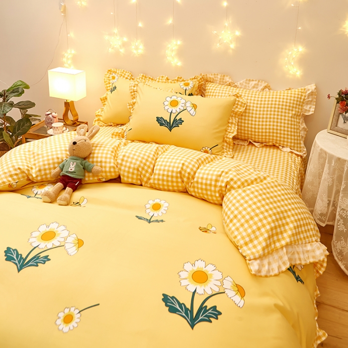 91家纺网 家纺一手货源 找家纺 艾橙家纺 2023新款小清新韩版磨毛花边四件套 沁香花语