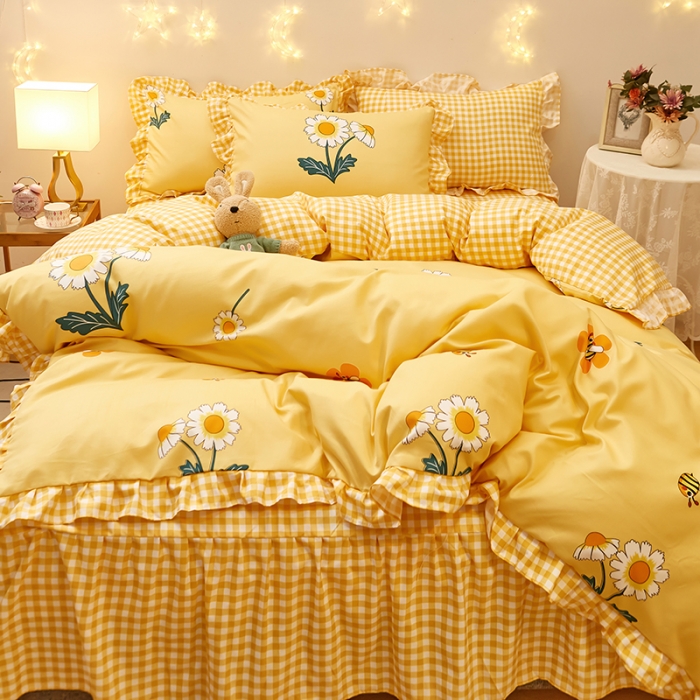 91家纺网 家纺一手货源 找家纺 艾橙家纺 2023新款小清新韩版磨毛花边四件套 沁香花语