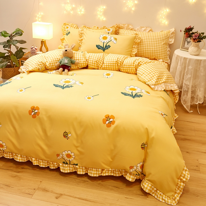 91家纺网 家纺一手货源 找家纺 艾橙家纺 2023新款小清新韩版磨毛花边四件套 沁香花语