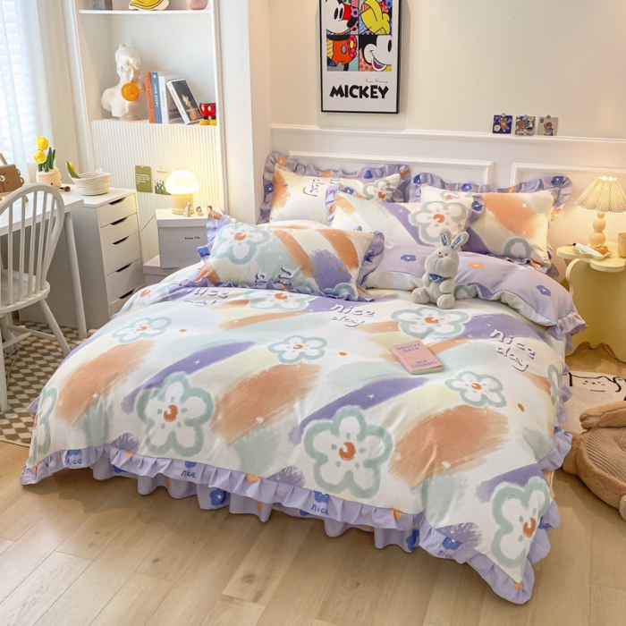 91家纺网 家纺一手货源 找家纺 艾橙家纺 2023新款小清新韩版磨毛花边四件套 轻松假日