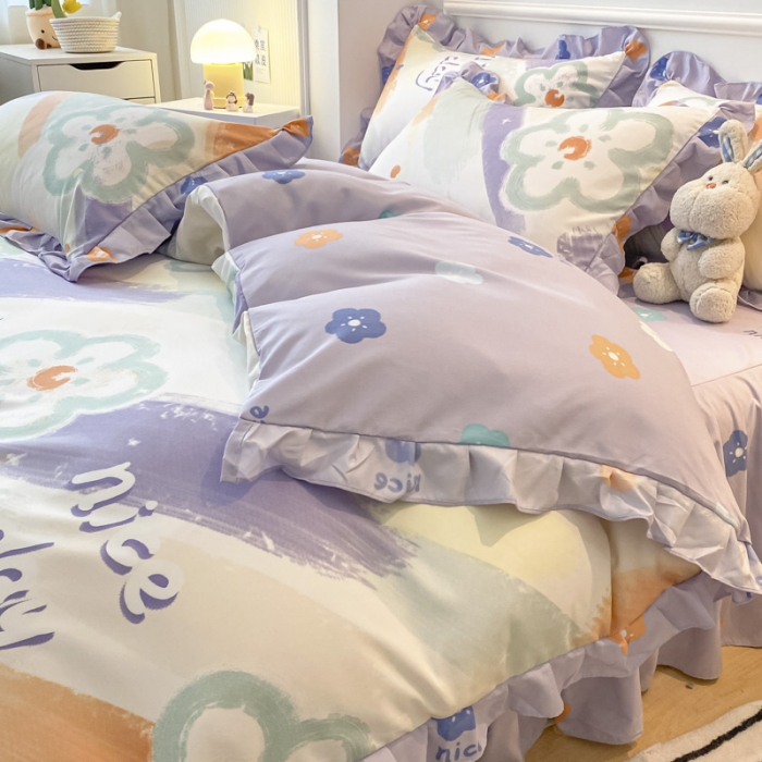 91家纺网 家纺一手货源 找家纺 艾橙家纺 2023新款小清新韩版磨毛花边四件套 轻松假日