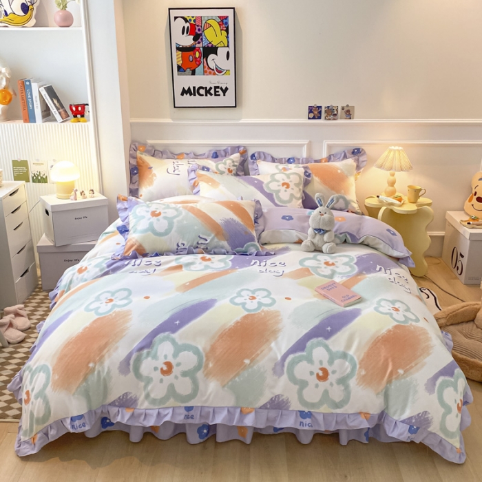 91家纺网 家纺一手货源 找家纺 艾橙家纺 2023新款小清新韩版磨毛花边四件套 轻松假日