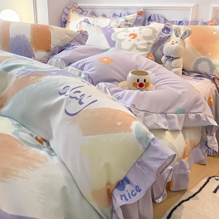 91家纺网 家纺一手货源 找家纺 艾橙家纺 2023新款小清新韩版磨毛花边四件套 轻松假日