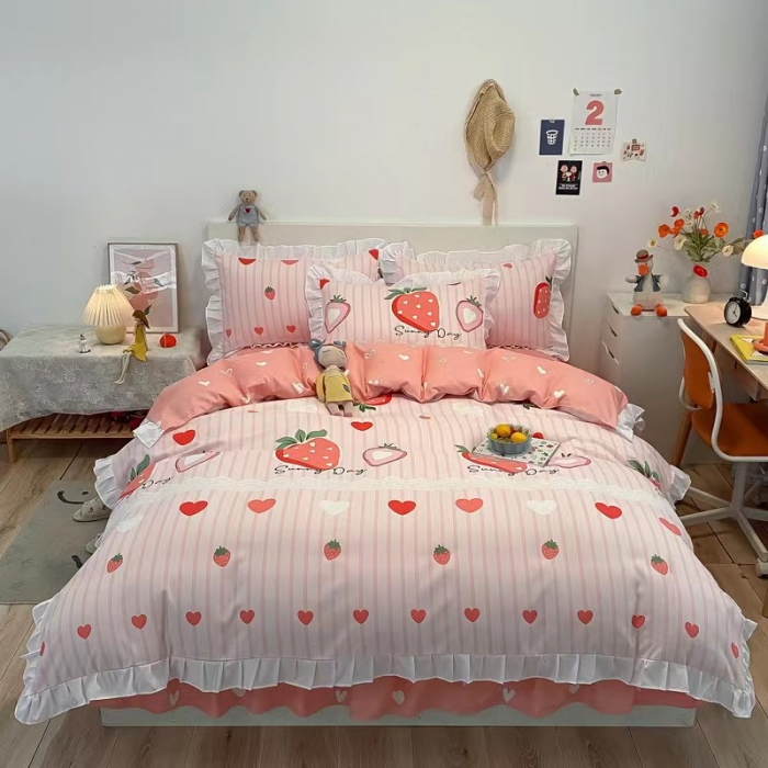 91家纺网 家纺一手货源 找家纺 艾橙家纺 2023新款小清新韩版磨毛花边四件套 甜心草莓