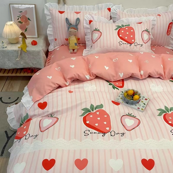 91家纺网 家纺一手货源 找家纺 艾橙家纺 2023新款小清新韩版磨毛花边四件套 甜心草莓