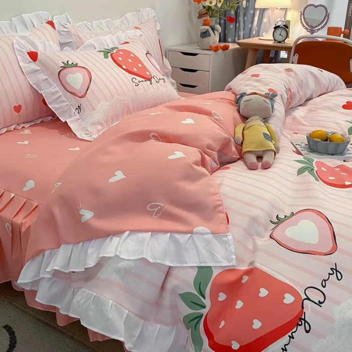 91家纺网 家纺一手货源 找家纺 艾橙家纺 2023新款小清新韩版磨毛花边四件套 甜心草莓