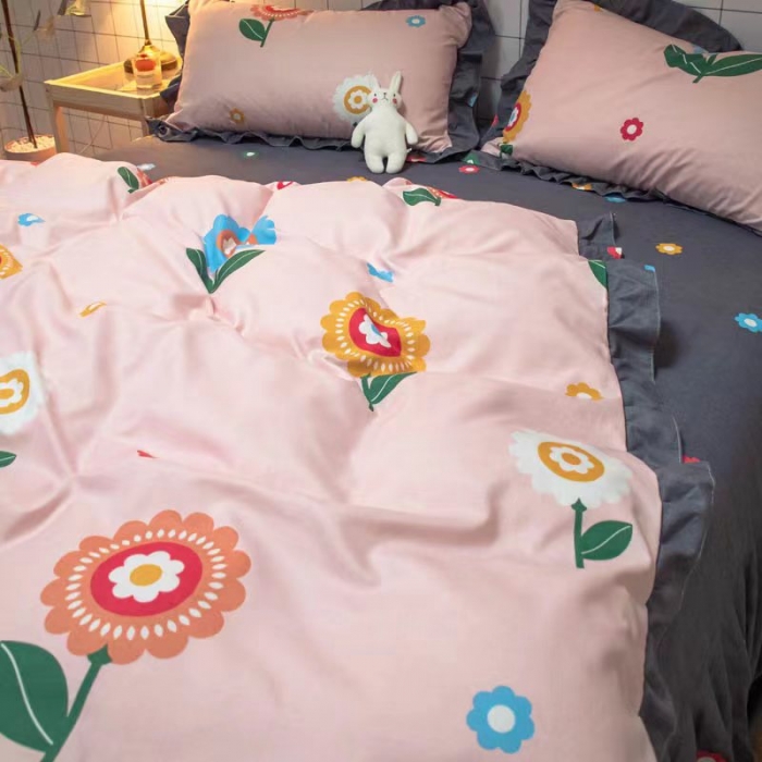 91家纺网 家纺一手货源 找家纺 艾橙家纺 2023新款小清新韩版磨毛花边四件套 向阳花开