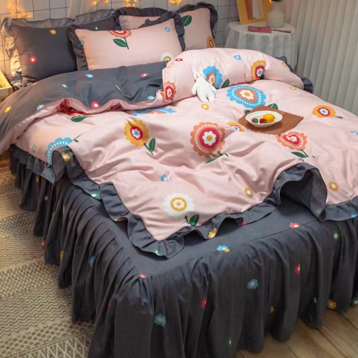 91家纺网 家纺一手货源 找家纺 艾橙家纺 2023新款小清新韩版磨毛花边四件套 向阳花开