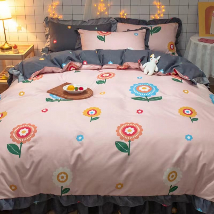 91家纺网 家纺一手货源 找家纺 艾橙家纺 2023新款小清新韩版磨毛花边四件套 向阳花开