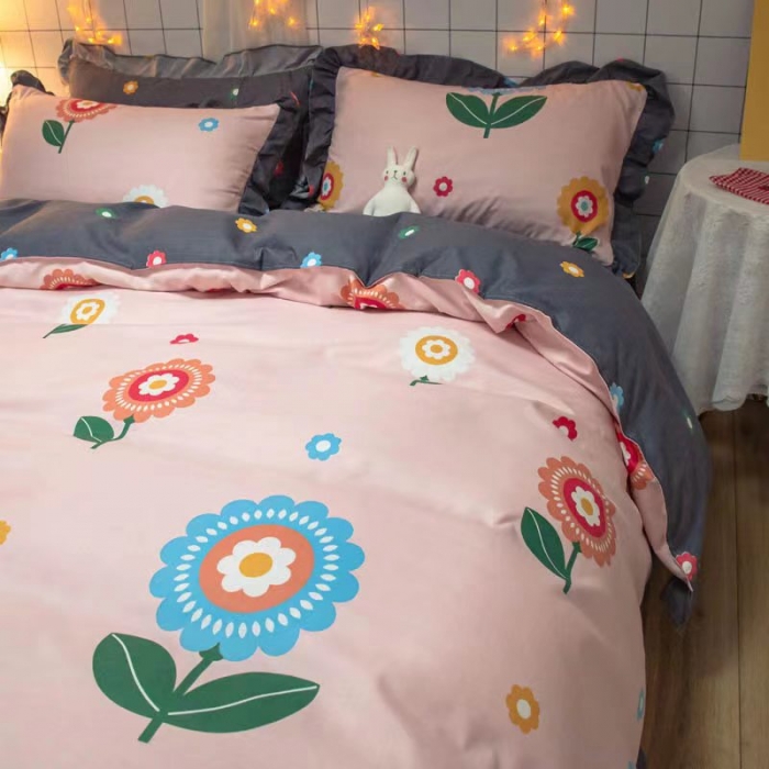 91家纺网 家纺一手货源 找家纺 艾橙家纺 2023新款小清新韩版磨毛花边四件套 向阳花开