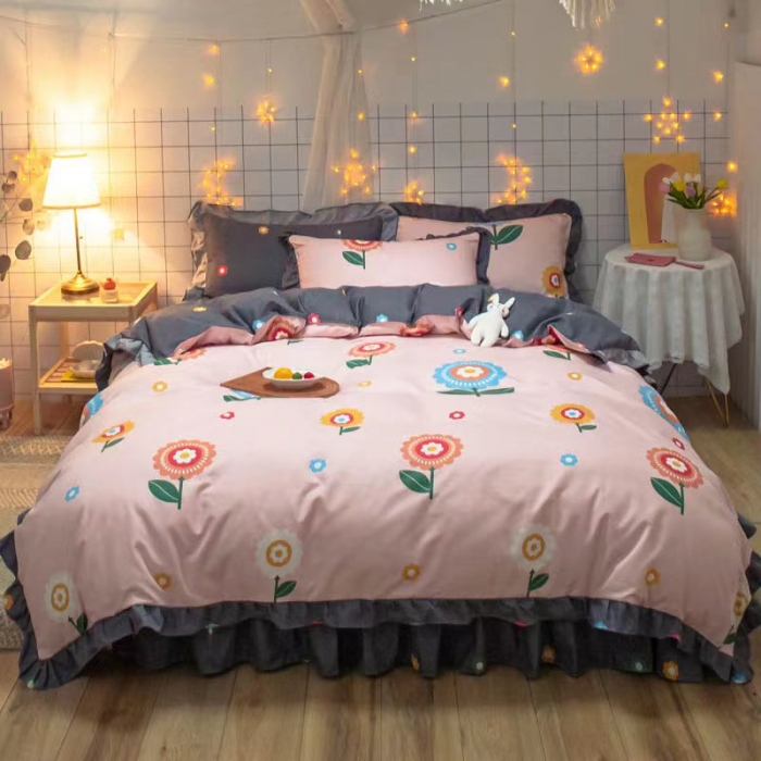 91家纺网 家纺一手货源 找家纺 艾橙家纺 2023新款小清新韩版磨毛花边四件套 向阳花开