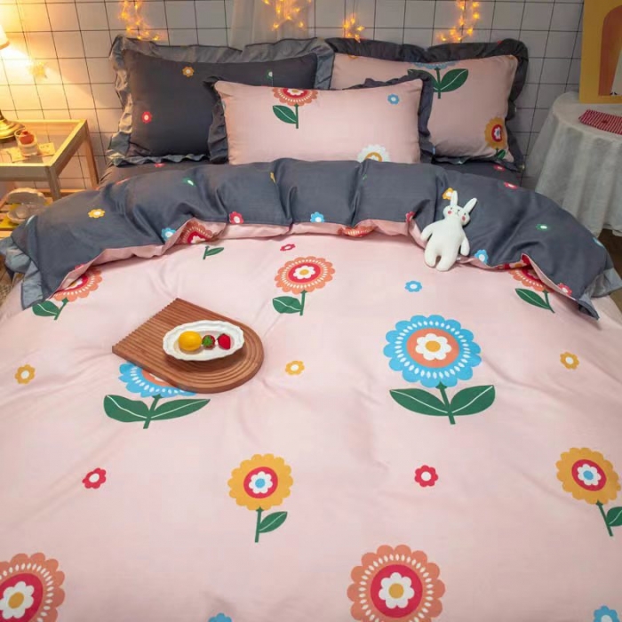 91家纺网 家纺一手货源 找家纺 艾橙家纺 2023新款小清新韩版磨毛花边四件套 向阳花开