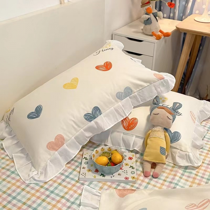 91家纺网 家纺一手货源 找家纺 艾橙家纺 2023新款小清新韩版磨毛花边四件套 心动时刻